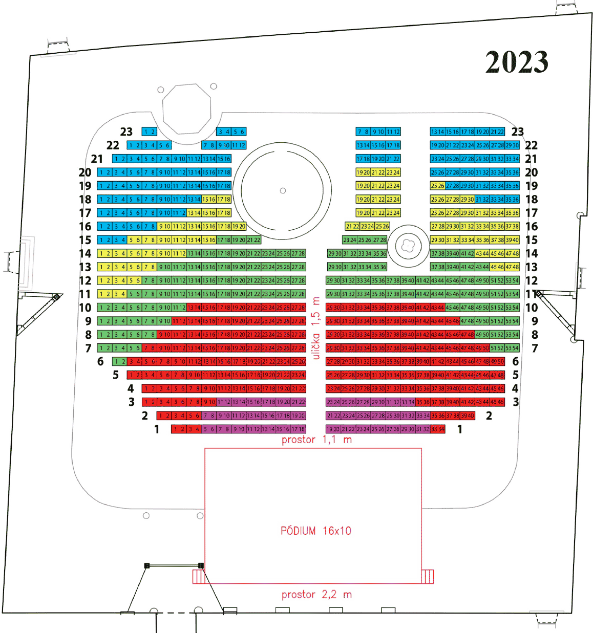 Orientační plánek hlediště Letních shakespearovských slavností Brno 2023